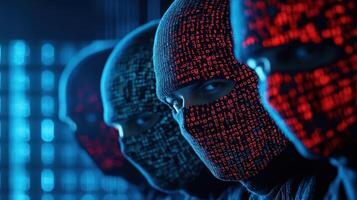 A group of masked figures in a digital, high-tech environment. photo