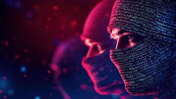 Mysterious figures in masks with binary code against a dark backdrop. photo