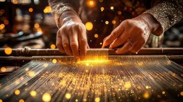 Hands skillfully weave threads on a loom, surrounded by glowing particles. photo