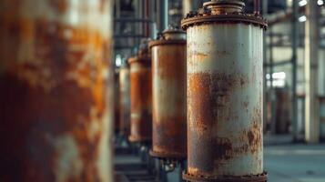 A close-up of aged, rusted metal cylinders in an industrial setting. photo