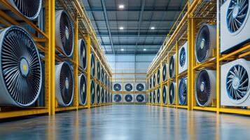 A spacious industrial warehouse filled with large air conditioning units. photo