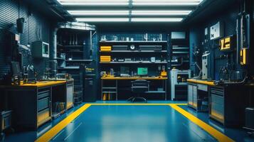 A modern tech workshop filled with organized tools and equipment. photo