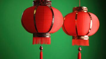 Red lanterns hanging against a vibrant green background. photo