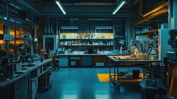 A modern laboratory workspace illuminated with bright fluorescent lights. photo