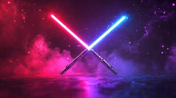 Two glowing lightsabers crossed in a colorful cosmic setting. photo