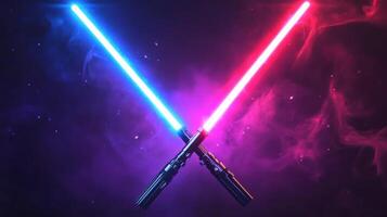 Two glowing lightsabers crossed in a dramatic, colorful backdrop. photo
