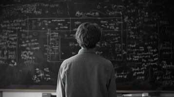 A man contemplates complex equations on a chalkboard. photo