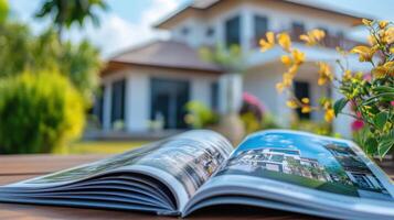 A vibrant magazine showcasing modern architecture in a sunny garden. photo