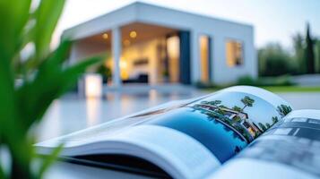 A modern home showcased in a magazine with green surroundings. photo