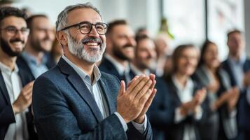 A smiling man claps during a corporate event, reflecting joy and support. photo