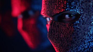 Masked figures with digital patterns evoke mystery and cyber intrigue. photo