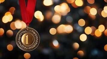 A gold medal with a ribbon against a backdrop of glowing lights. photo