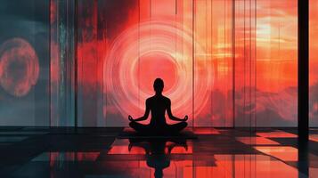 A serene silhouette meditating against a vibrant, abstract backdrop. photo