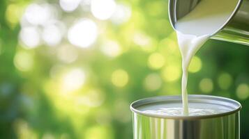 Fresh milk being poured from a can against a soft green backdrop. photo