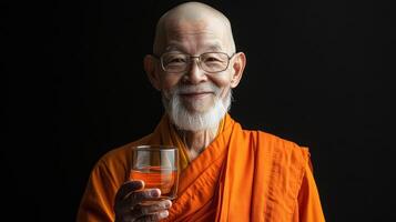 A smiling elderly monk holding a glass, radiating calm and serenity. photo