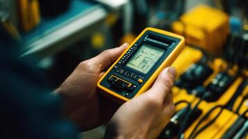 A technician holds a yellow multimeter while checking measurements. photo