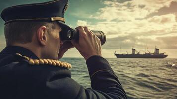 A naval officer inspects a distant ship while gazing through binoculars. photo