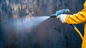 A worker using a paint sprayer on a textured black surface. photo
