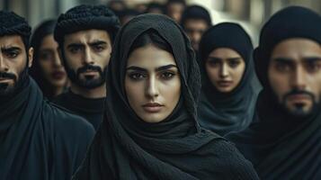 A serious gathering of individuals in black attire expressing unity. photo