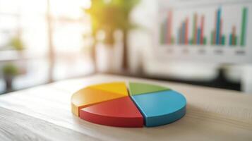 Colorful pie chart on a desk with graphs in the background. photo
