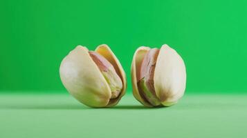 Close-up of pistachio nuts against a vibrant green background. photo