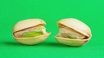 Close-up of pistachio nuts on a vibrant green background. photo