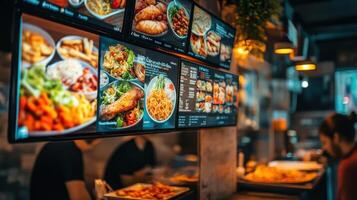 Vibrant restaurant with digital menu screens showcasing diverse dishes. photo
