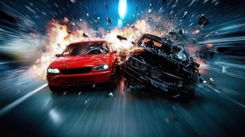 Dynamic scene of a dramatic car collision amid an explosive backdrop. photo