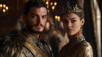 A regal couple in opulent attire exuding elegance and power. photo