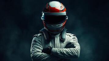 A confident race car driver in a helmet, poised for action. photo