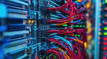 Close-up of colorful cables in a high-tech data center environment. photo