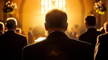 Silhouetted figures in formal attire bask in warm sunlight. photo