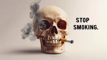 A skull holding a cigarette, accompanied by a bold 'STOP SMOKING' message. photo