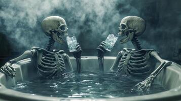 Two skeletons enjoying drinks in a jacuzzi, creating a quirky atmosphere. photo