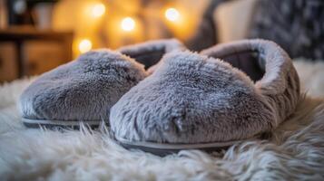 Cozy fluffy slippers on a soft rug, creating a warm home atmosphere. photo