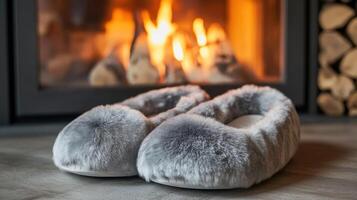 Cozy grey slippers near a warm fireplace, enhancing home comfort. photo