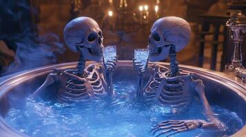 Two skeletons enjoying drinks in a mystical hot tub. photo