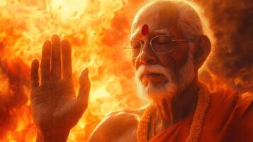 A serene elderly man in a meditative pose surrounded by flames. photo