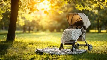 A serene park scene with a stroller under warm sunlight. photo