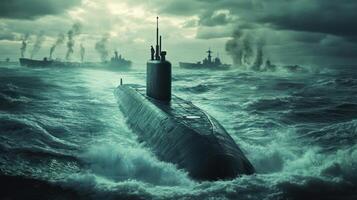 A submarine navigates turbulent waters amidst a stormy naval backdrop. photo