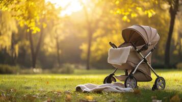 A cozy stroller in a sunlit park, surrounded by autumn leaves. photo