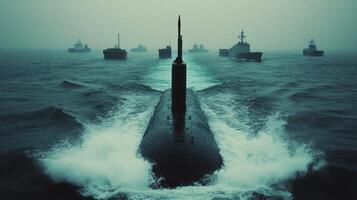 A submarine navigating through a foggy ocean with ships in the background. photo