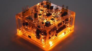 A glowing electronic circuit board displaying innovative technology. photo