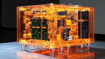 A vibrant, transparent electronic device showcasing intricate circuitry. photo