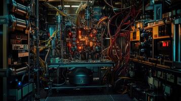 A complex, illuminated machine showcasing advanced technology. photo