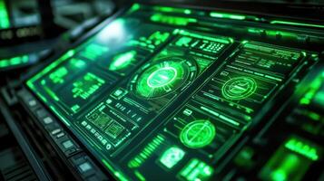 Futuristic digital interface with glowing green elements and data visualizations. photo
