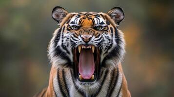 Close-up of a roaring tiger showcasing its fierce and powerful presence. photo