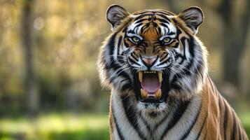A fierce tiger roaring amidst a natural, serene background. photo