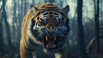 A fierce tiger roars, showcasing its strength in a misty forest. photo