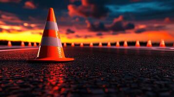 A close-up of traffic cones on a road at sunset, creating a vibrant scene. photo